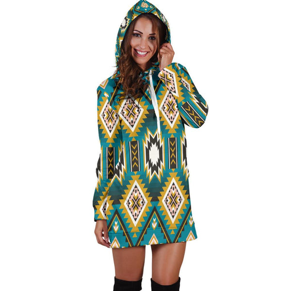 Turquoise Blue Color Native Ameican Hoodie Dress - Image 4