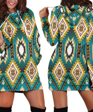 Turquoise Blue Color Native Ameican Hoodie Dress