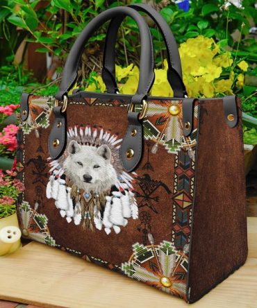 White Wolf With Headress Feathers Leather Bag