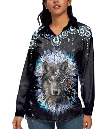 Wolf Blue Headdress 3D Long Sleeve Blouse