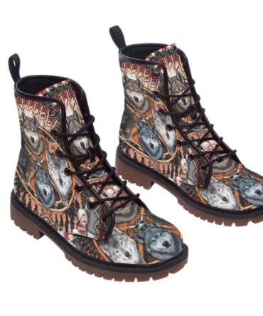 Wolf Pattern Leather Martin Short Boots Men Women